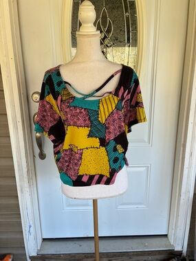 Disney Teal Pink Yellow Black Patchwork Crop Top
